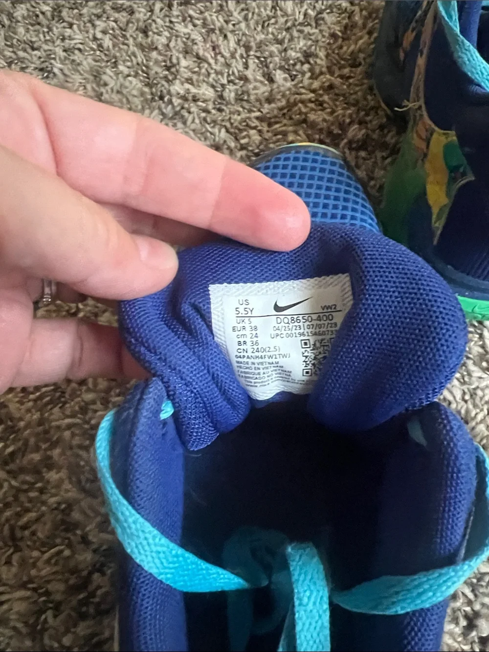 Nike LeBron Kids Navy Blue Sneakers with Teal and Purple Accents